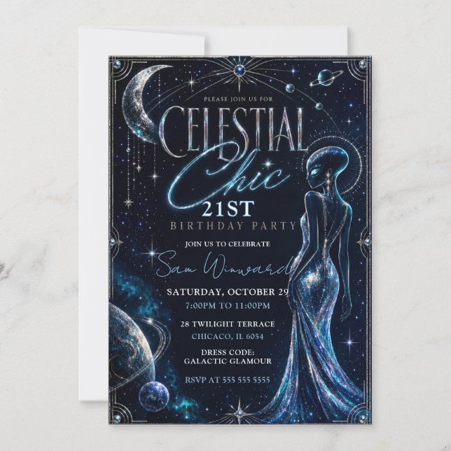 Invitation Fête d'anniversaire 21 ans Chic Céleste (Devant)