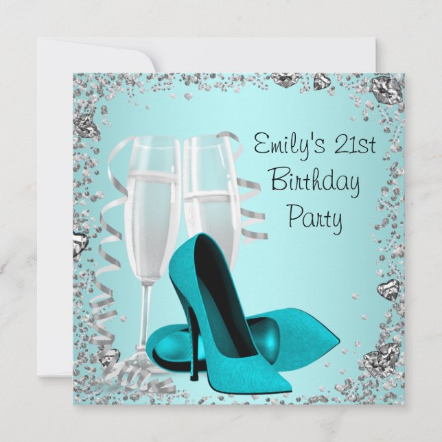 Invitation Fête d'anniversaire 21 ans Cocktails Talons Teal (Devant)