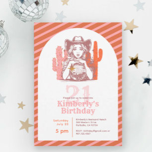 Invitation Fête d'anniversaire 21 ans Cowgirl Western Rose Ré