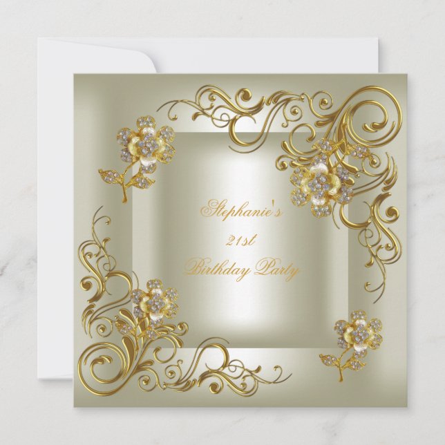Invitation Fête d'anniversaire 21 ans Crème Or Diamant (Devant)