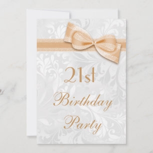 Invitation Fête d'anniversaire 21 ans damassé et nœud faux