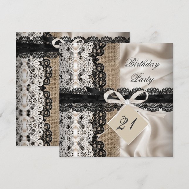 Invitation Fête d'anniversaire 21 ans dentelle rustique toile (Devant / Derrière)