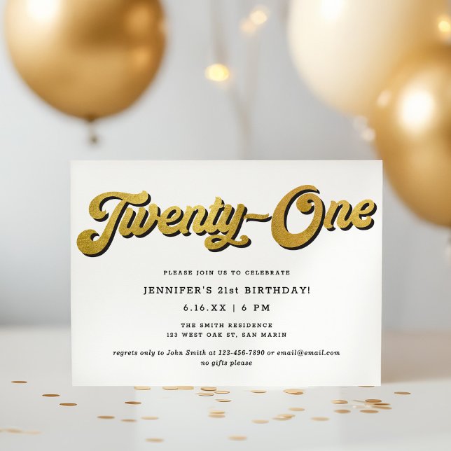Invitation Fête d'anniversaire 21 ans écriture rétro or noir  (Créateur téléchargé)