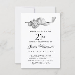Invitation Fête d'anniversaire 21 ans élégant noir blanc golf