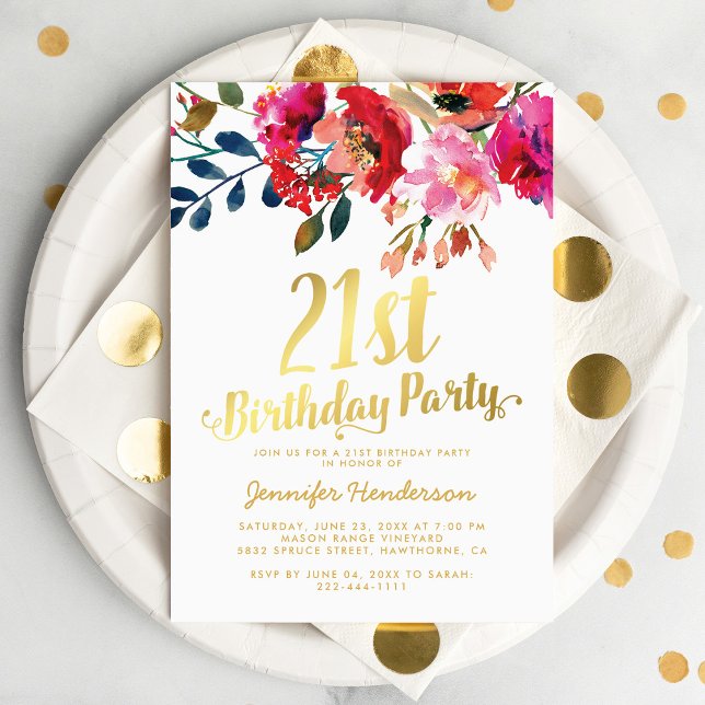 Invitation Fête d'anniversaire 21 ans élégante avec fleurs et (Créateur téléchargé)