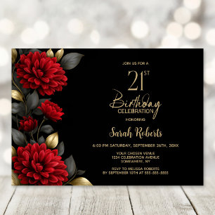 Invitation Fête d'anniversaire 21 ans élégante florale rouge