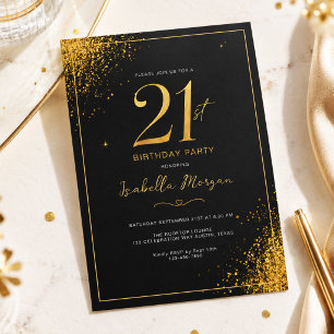 Invitation Fête d'anniversaire 21 ans élégante noir et or