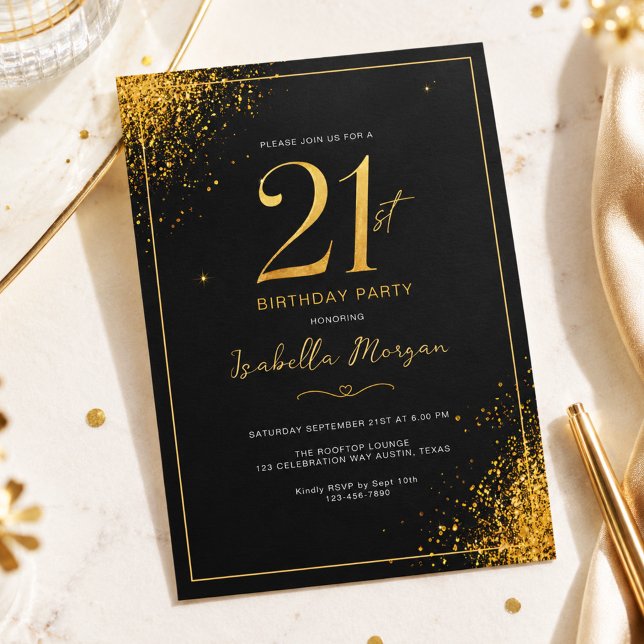 Invitation Fête d'anniversaire 21 ans élégante noir et or (Créateur téléchargé)