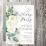 Invitation Fête d'anniversaire 21 ans Élégante rose blanche E<br><div class="desc">Célébrez un événement spécial avec cette élégante invitation de fête d'anniversaire pour les 21 ans,  mettant en vedette des roses blanches romantiques et une verdure de eucalyptus doux. Ce design floral sophistiqué combine un style botanique intemporel avec une typographie moderne,  créant une belle invitation pour une célébration d'anniversaire élégante.</div>