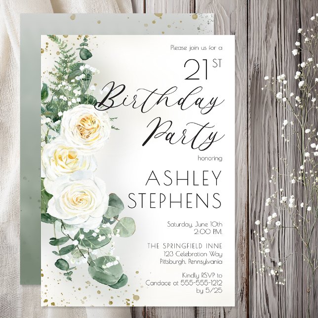 Invitation Fête d'anniversaire 21 ans Élégante rose blanche E (Boho White Roses Eucalyptus 21st Birthday Party Invitation -- Print | Digital Download)