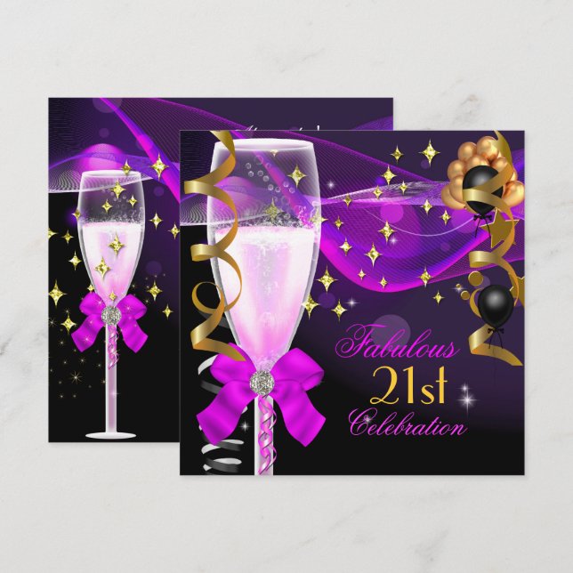 Invitation Fête d'anniversaire 21 ans Fabulux Rose Violet Cha (Devant / Derrière)