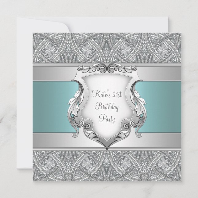Invitation Fête d'anniversaire 21 ans femme bleu sarcelle (Devant)