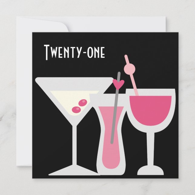 Invitation Fête d'anniversaire 21 ans femme cocktails rose no (Devant)