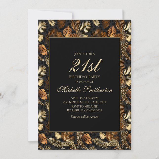 Invitation Fête d'anniversaire 21 ans Feuilles Noir Or Bronze (Devant)