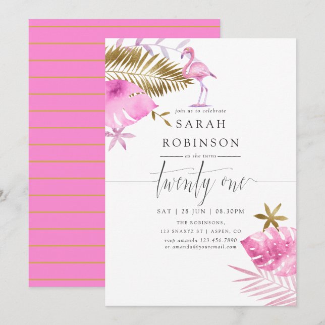 Invitation Fête d'anniversaire 21 ans Flamant Tropical Rose & (Devant / Derrière)