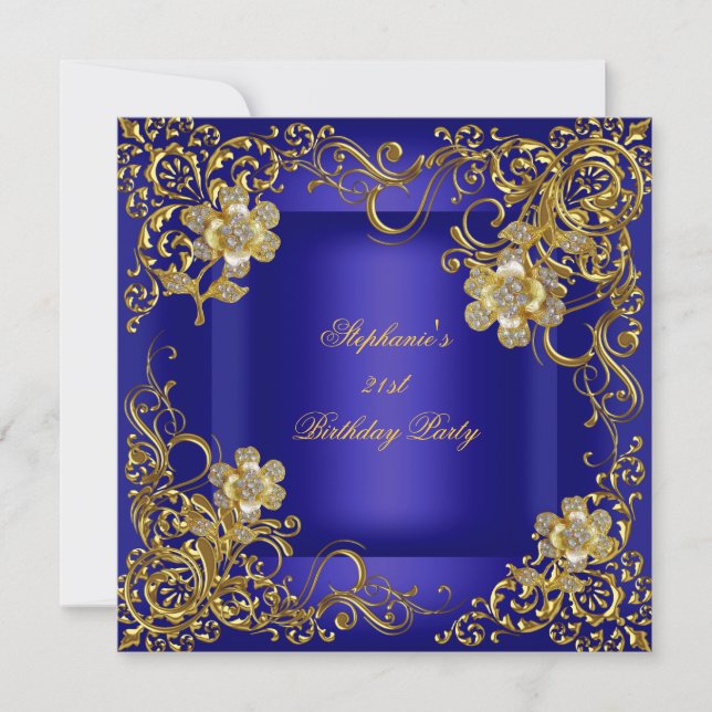 Invitation Fête d'anniversaire 21 ans Fleur Bleu Royal Or (Devant)