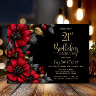 Invitation Fête d'anniversaire 21 ans Fleur Rouge Élégante