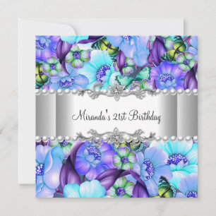 Invitation Fête d'anniversaire 21 ans Fleur violette Perle bl
