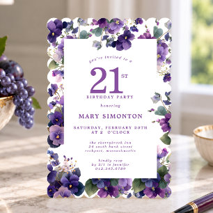 Invitation Fête d'anniversaire 21 ans Fleur Violette Violette