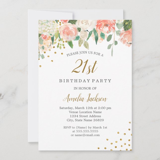 Invitation Fête d'anniversaire 21 ans Fleurs aquarelle Or Pêc (Devant)