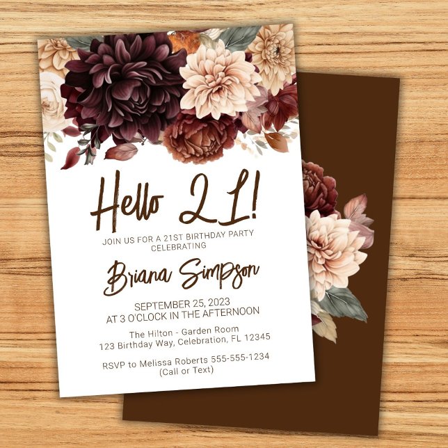 Invitation fête d'anniversaire 21 ans fleurs marro (Créateur téléchargé)