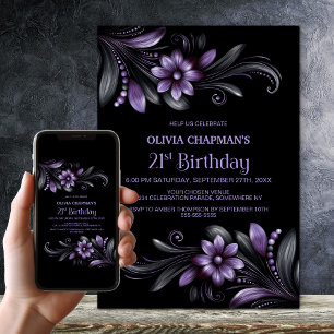 Invitation Fête d'anniversaire 21 ans fleurs noir violet