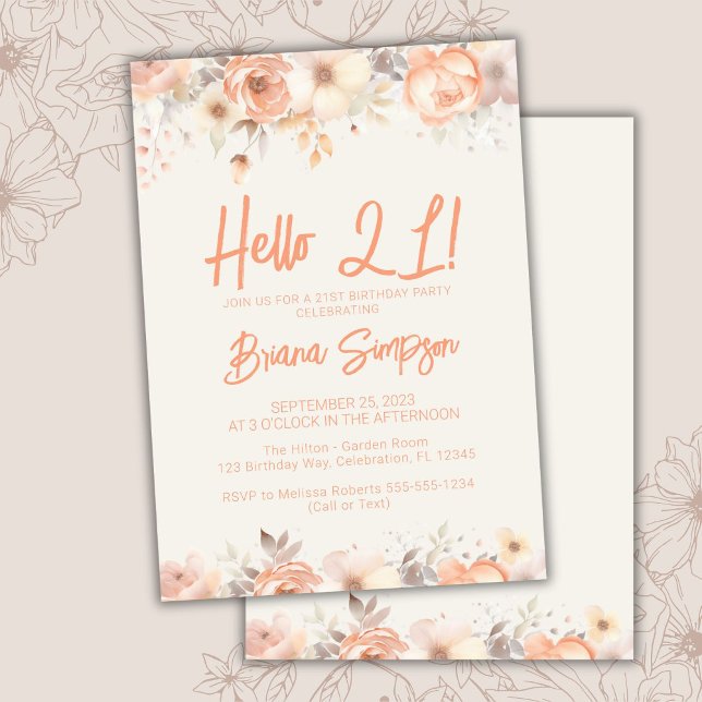 Invitation fête d'anniversaire 21 ans fleurs pêche (Créateur téléchargé)