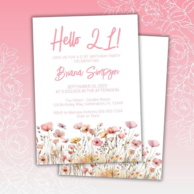 Invitation Fête d'anniversaire 21 ans fleurs roses (Créateur téléchargé)