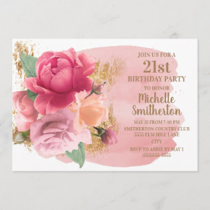 Invitation Fête d'anniversaire 21 ans Fleurs roses Paillettes