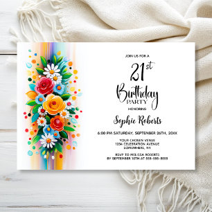 Invitation Fête d'anniversaire 21 ans Floral Coloré