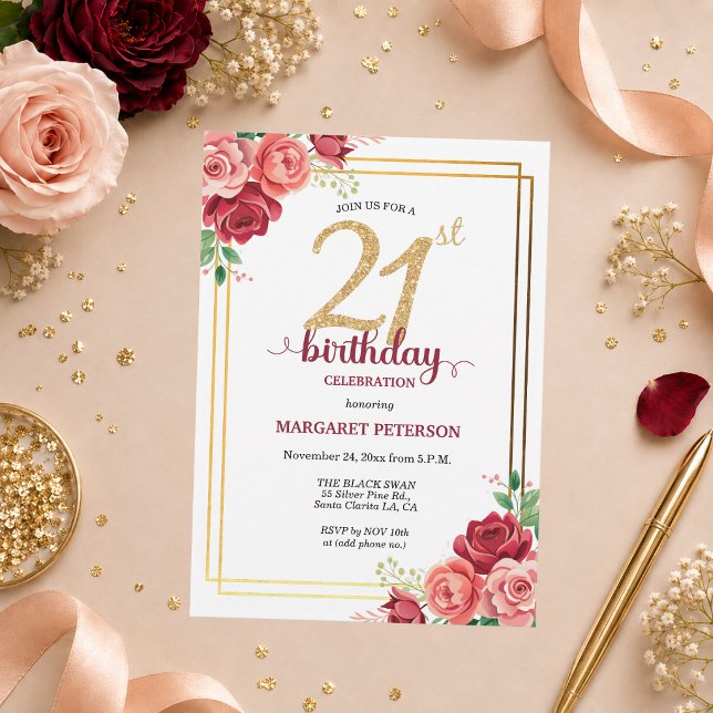 Invitation Fête d'anniversaire 21 ans Floral Élégant Doré (Créateur téléchargé)