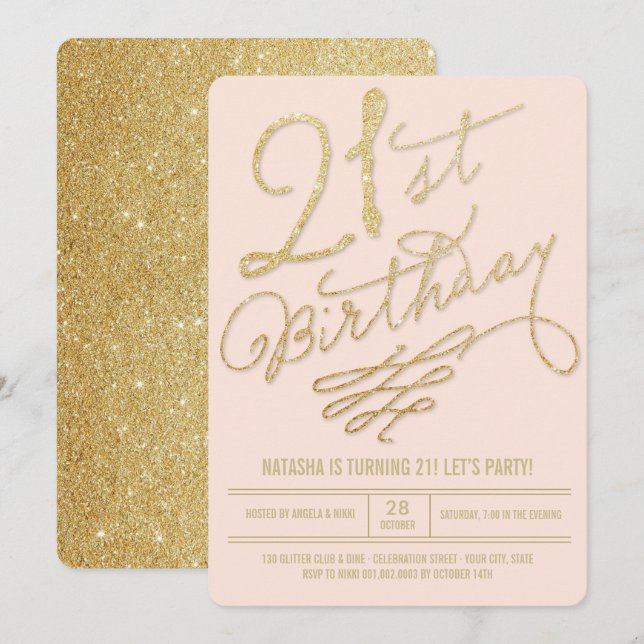 Invitation fête d'anniversaire 21 ans Gold Glitter (Devant / Derrière)