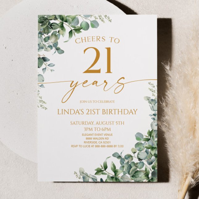 Invitation Fête d'anniversaire 21 ans Green Eucalyptus Gold (Créateur téléchargé)