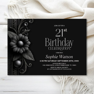 Invitation Fête d'anniversaire 21 ans Grey Flower