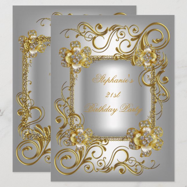 Invitation Fête d'anniversaire 21 ans gris argent or diamant  (Devant / Derrière)