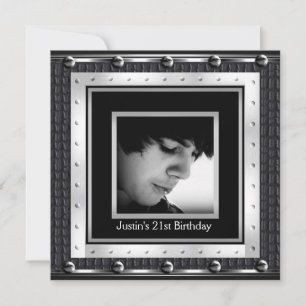 Invitation Fête d'anniversaire 21 ans Hommes Métal Noir Cuir