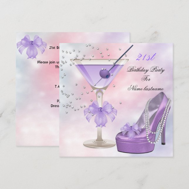 Invitation Fête d'anniversaire 21 ans Lilac Martini Violet Ro (Devant / Derrière)