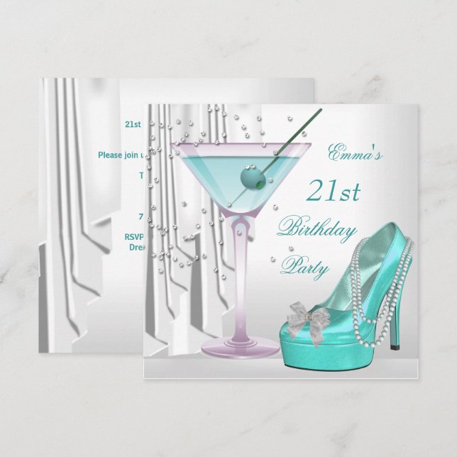 Invitation Fête d'anniversaire 21 ans Martini perle blanche s (Devant / Derrière)