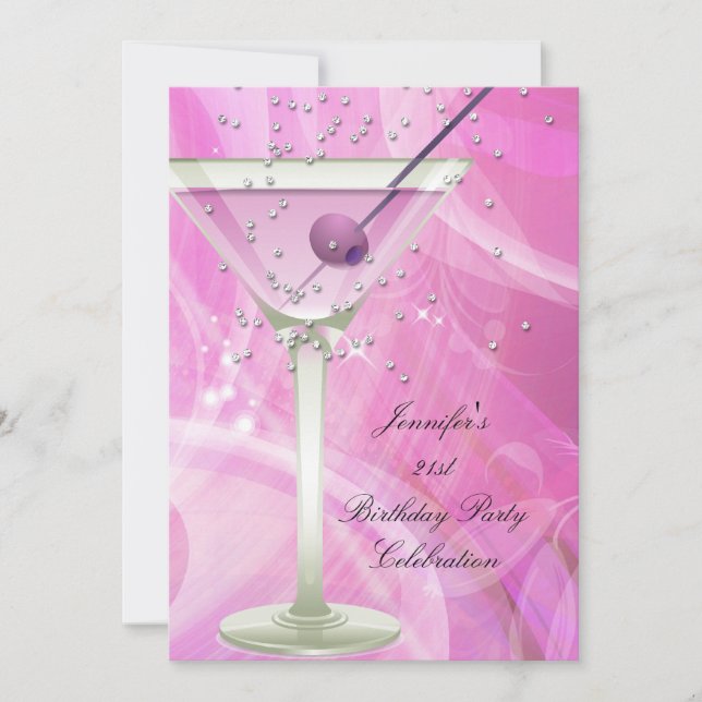 Invitation Fête d'anniversaire 21 ans Martini rose blanc (Devant)