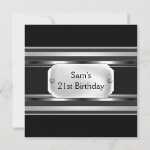 Invitation Fête d'anniversaire 21 ans Métal Noir Argent Homme