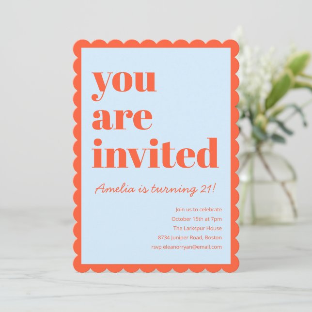 Invitation Fête d'anniversaire 21 ans moderne bleu orange à f (Debout devant)