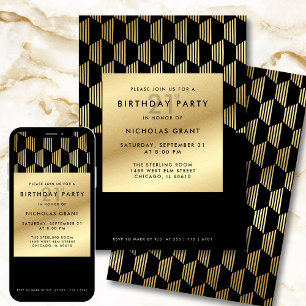 Invitation Fête d'anniversaire 21 ans moderne noir et or méta