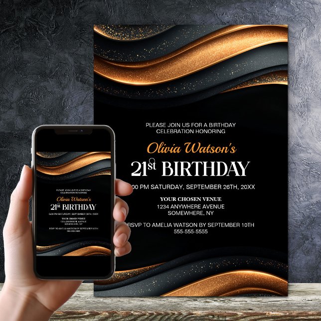 Invitation Fête d'anniversaire 21 ans moderne noir et orange (Créateur téléchargé)