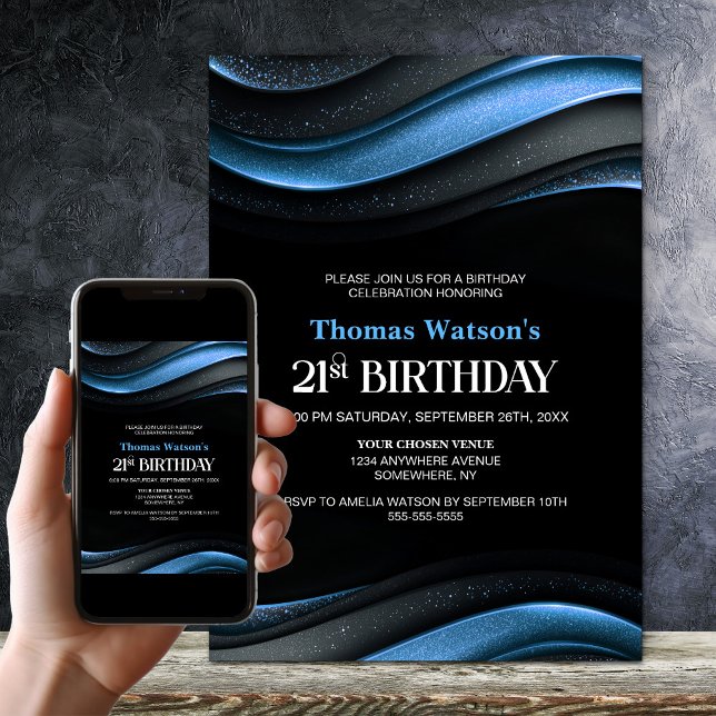 Invitation Fête d'anniversaire 21 ans moderne noire et bleue (Créateur téléchargé)