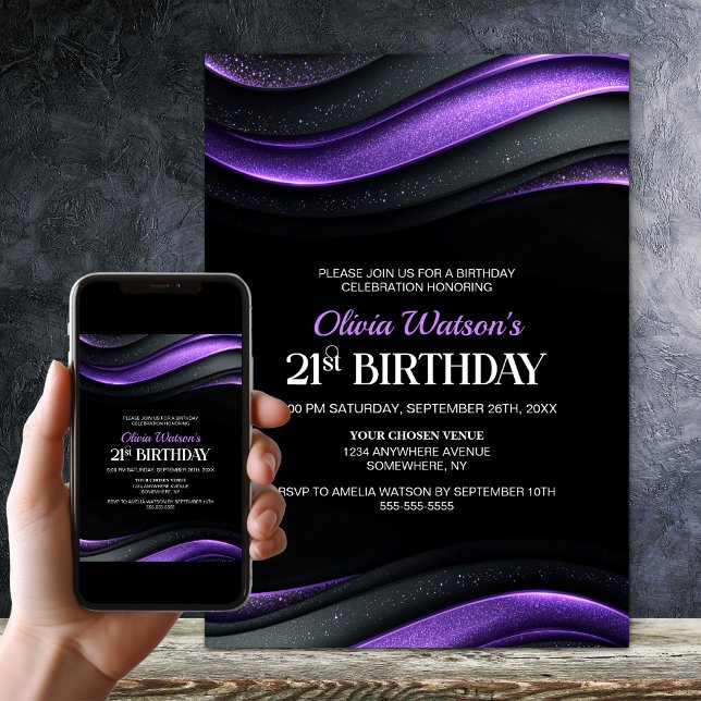 Invitation Fête d'anniversaire 21 ans moderne noire et violet (Créateur téléchargé)