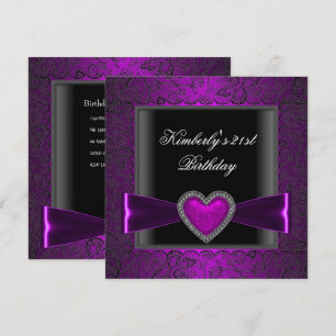 Invitation Fête d'anniversaire 21 ans noir argent violet cœur