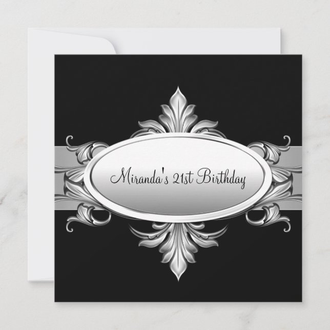 Invitation Fête d'anniversaire 21 ans Noir Blanc Argent (Devant)