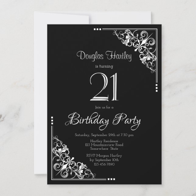 Invitation Fête d'anniversaire 21 ans noir et blanc (Devant)
