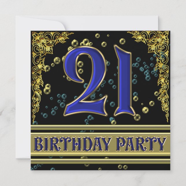 Invitation Fête d'anniversaire 21 ans noir et or (Devant)