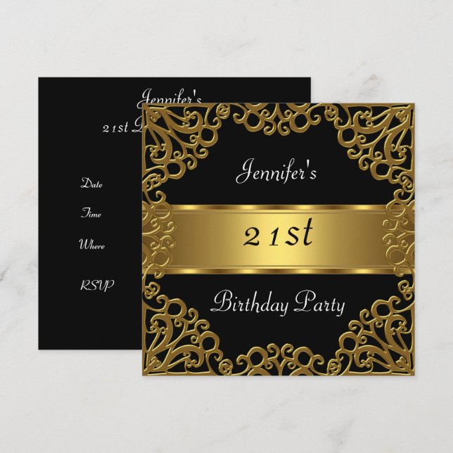Invitation Fête d'anniversaire 21 ans Noir Or (Devant / Derrière)